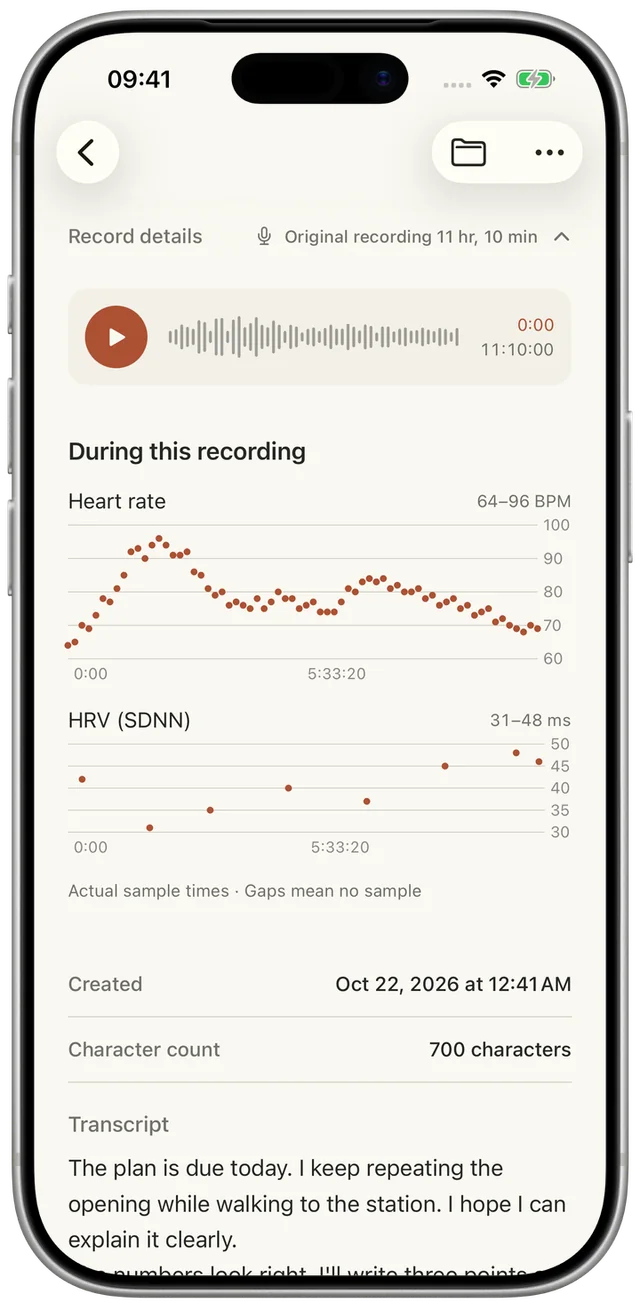 Flecty recording details in a light iPhone mockup: playback, heart rate samples from 64 to 96 BPM, and HRV samples from 31 to 48 ms.